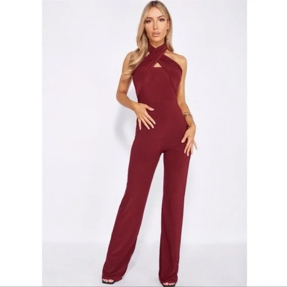 Burgundy Sleeveless Halter Neck Open Back Wide Leg Jumpsuit Playsuit - Picture 7 of 10